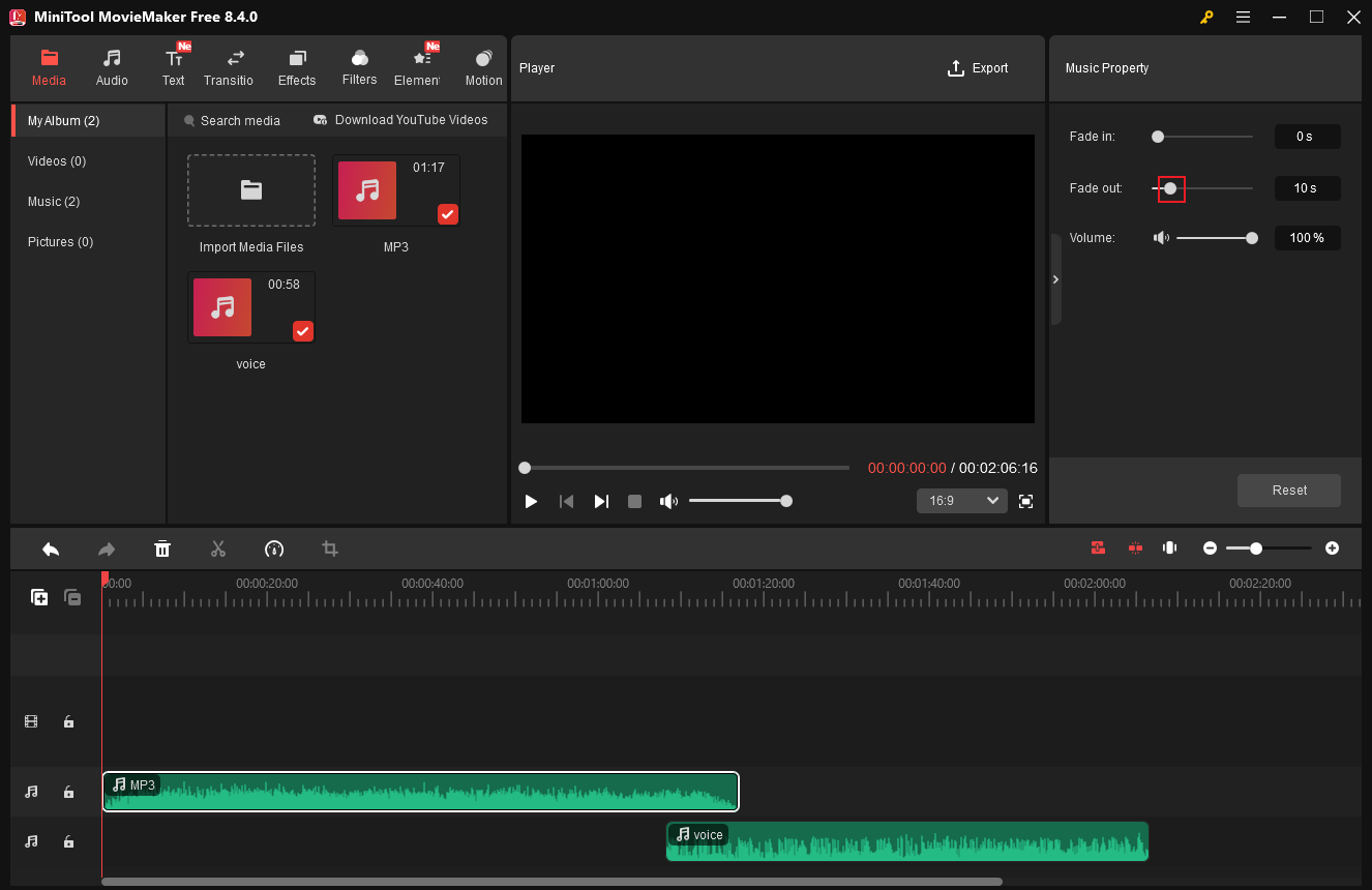 MiniTool MovieMaker interface with the former audio clip selected and the Fade out slider dragged.