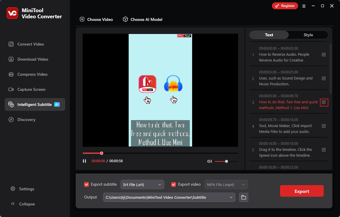 MiniTool Video Converter interface with the edit icon selected in the Text section