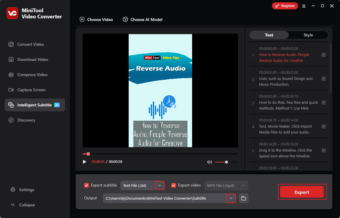 MiniTool Video Converter interface with the desired output format and save path selected and the Export button chosen.
