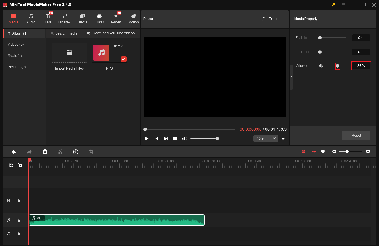 MiniTool MovieMaker interface with the Volume slider dragged to adjust the audio volume in the Music Property section.