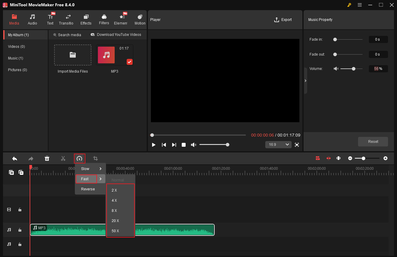 MiniTool MovieMaker interface with the Fast option selected from the Dashboard dropdown list.