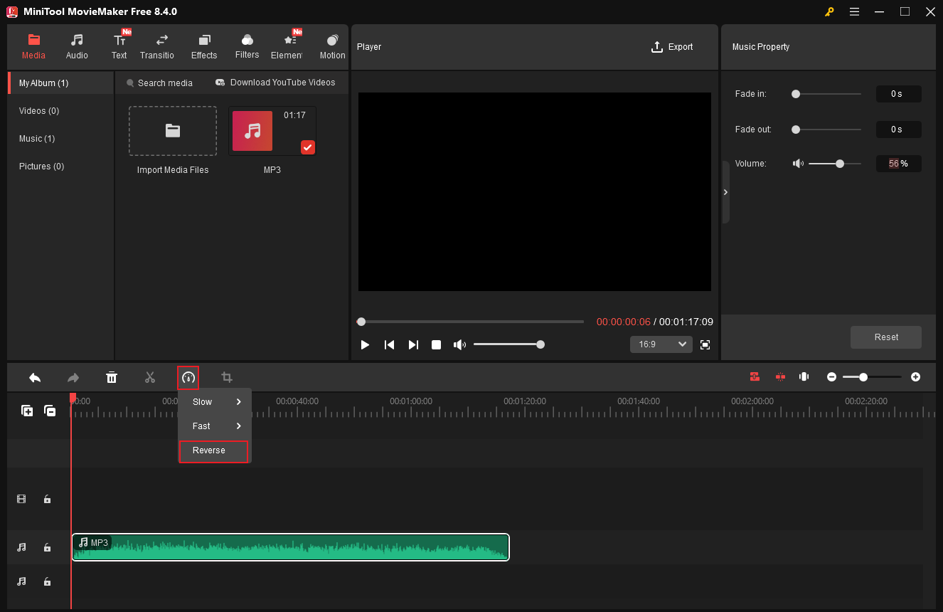MiniTool MovieMaker interface with the Reverse option selected from the Dashboard dropdown list.