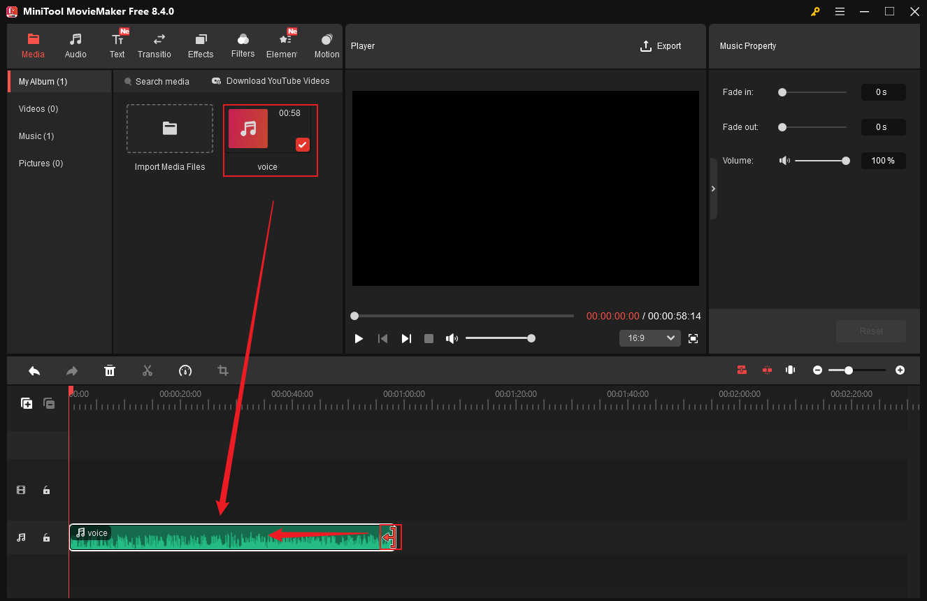 MiniTool MovieMaker interface showing how to add audio to the timeline and trim the audio.