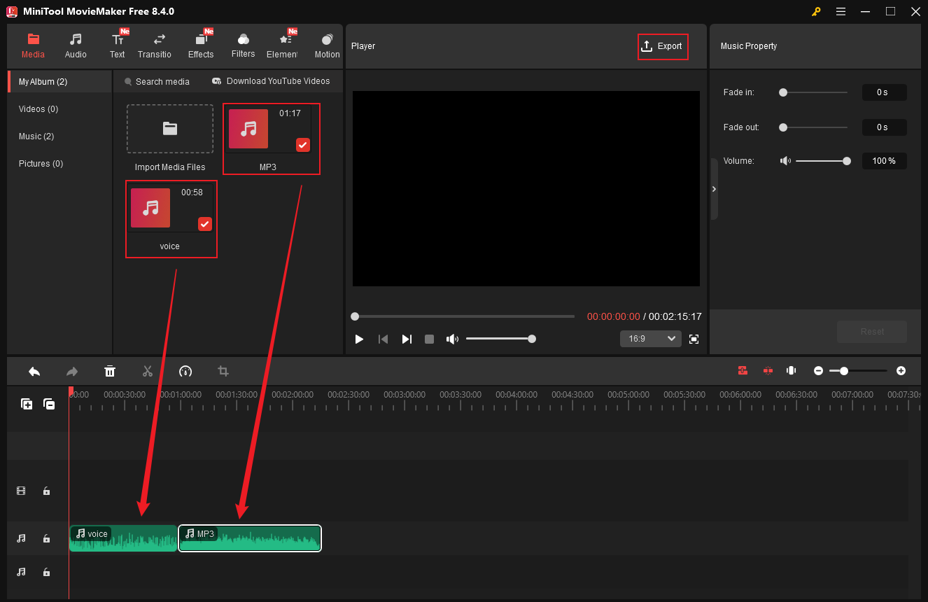 MiniTool MovieMaker interface showing two audio files dragged to the same track and the Export button selected.