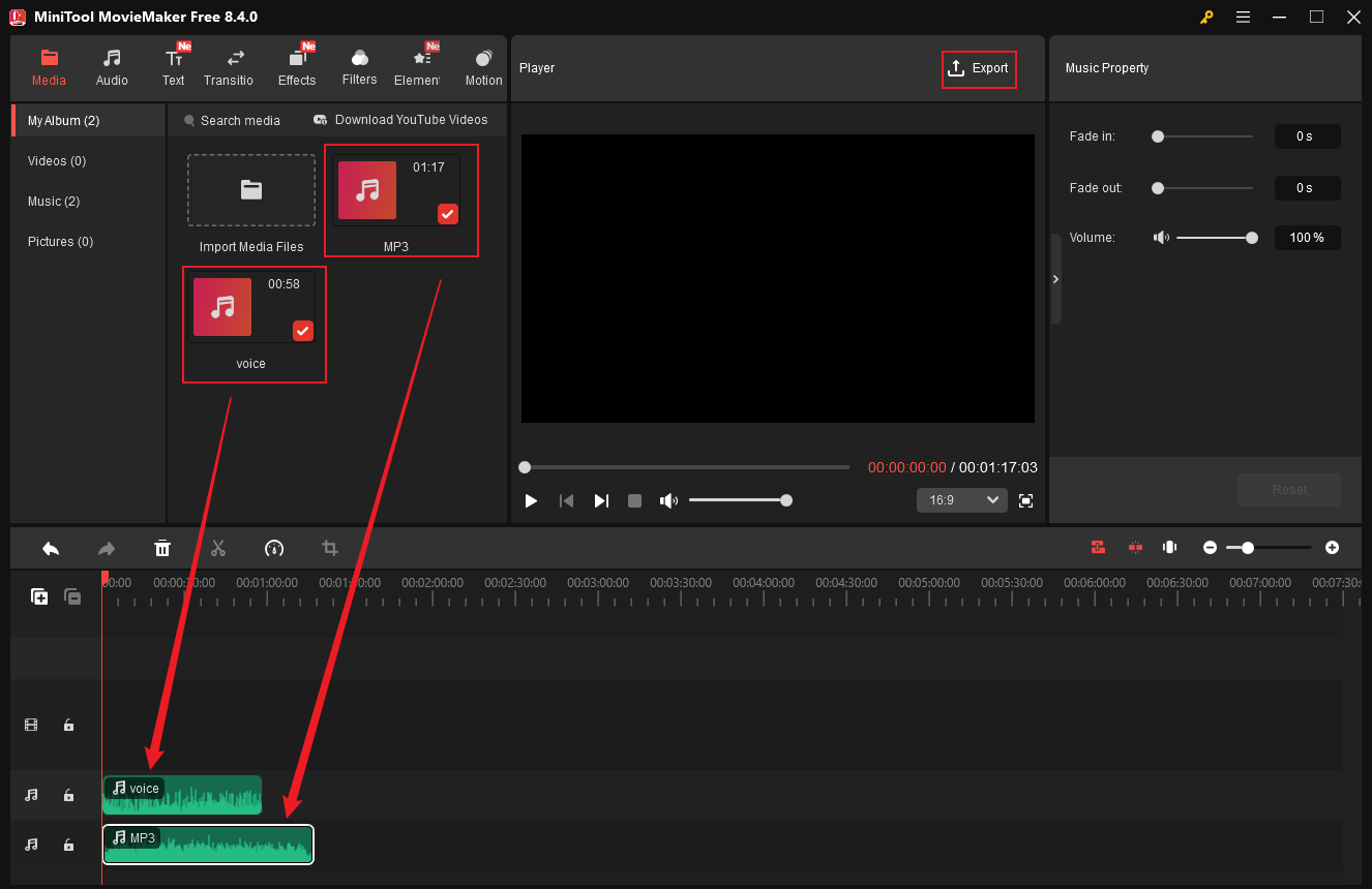 MiniTool MovieMaker interface showing two audio files dragged to different tracks and the Export button selected.