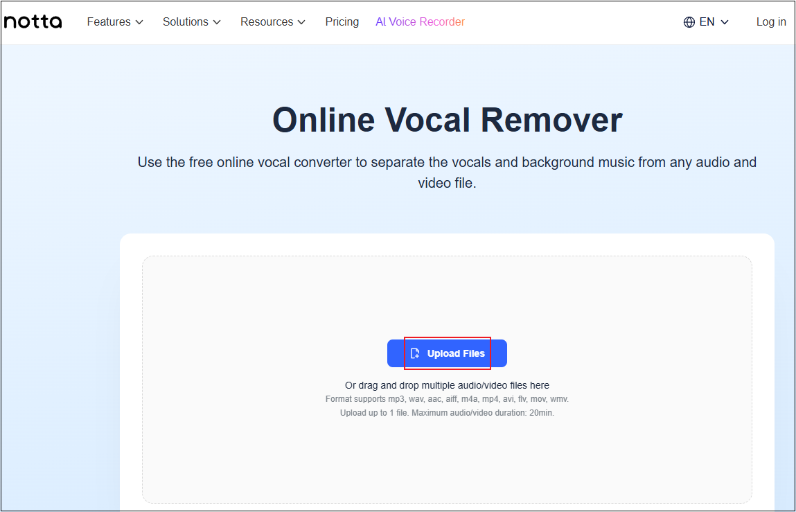 Notta interface with the Upload Files option selected to upload audio.