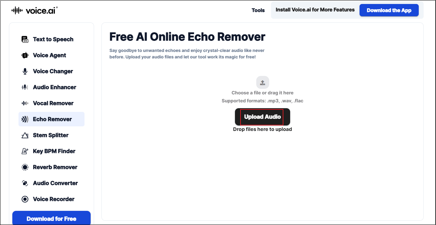 The Echo Remover tab in voice.ai interface with the Upload Audio button selected.