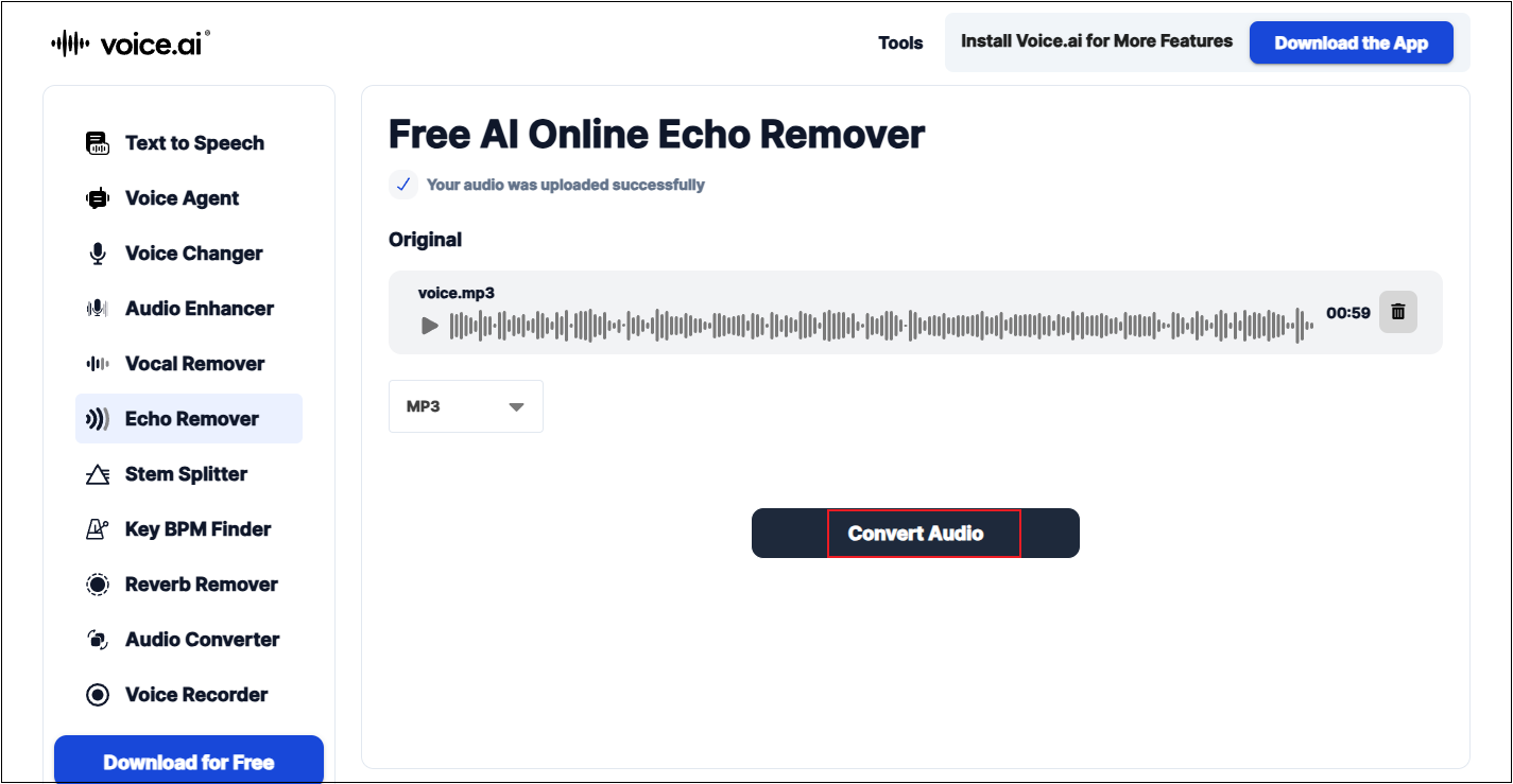 voice.ai’s Echo Remover section with the Convert Audio button selected.