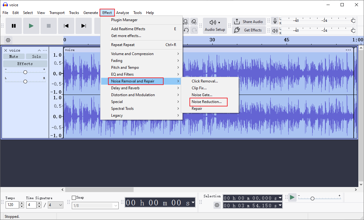 Audacity interface with the Noise Reduction option selected from the Effect drop-down menu.