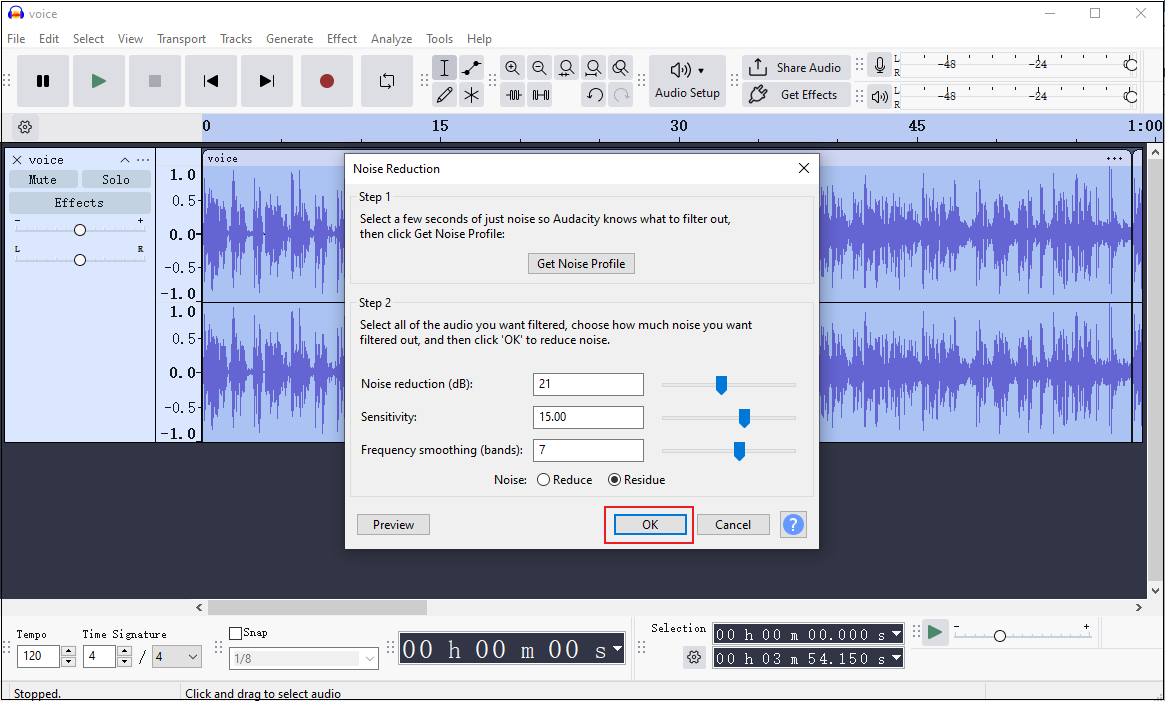 Audacity interface with the OK option selected in the Noise Reduction window.