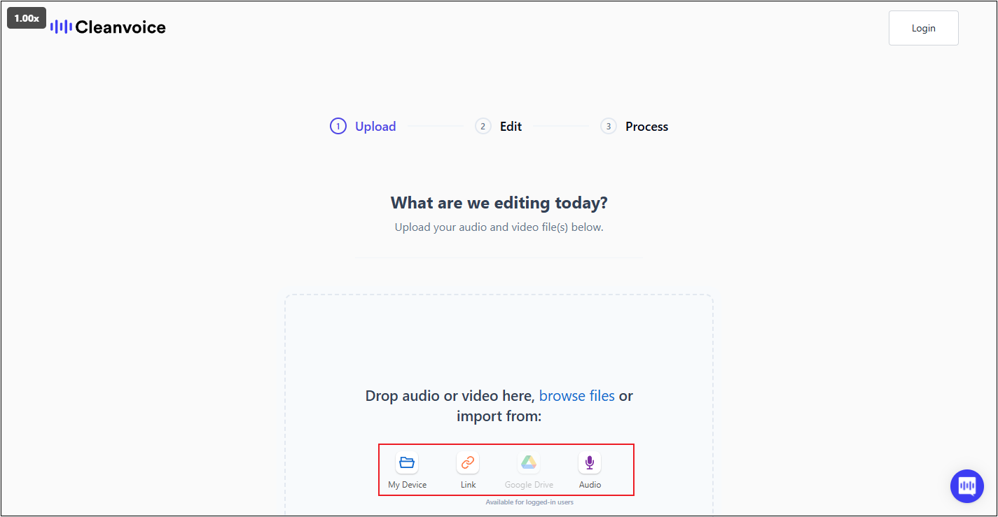 Cleanvoice AI’s upload interface with 4 audio file upload options highlighted.