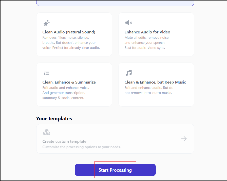 Cleanvoice AI interface with the Start Processing option selected.