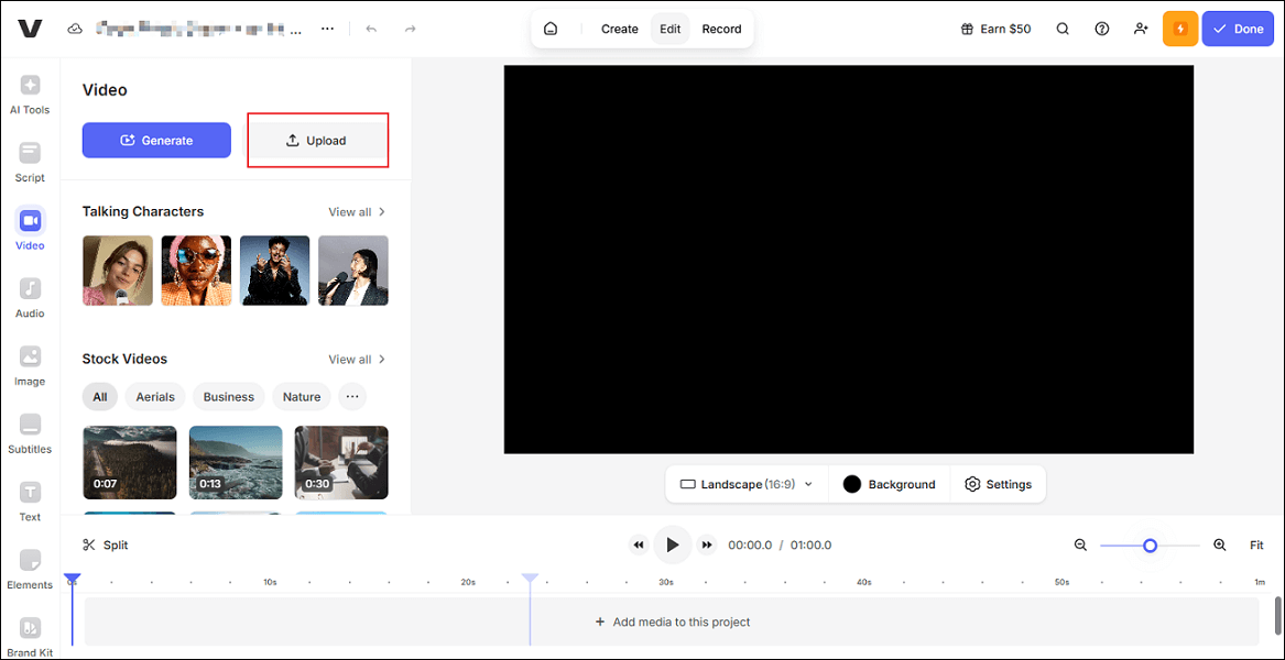 VEED.IO’s Video section with the Upload option selected to import the target audio.