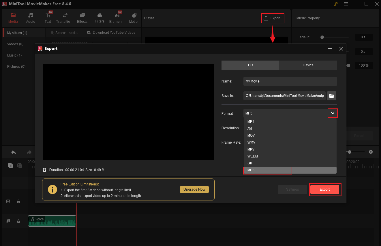 MiniTool MovieMaker Export window with the MP3 format and Export button selected.