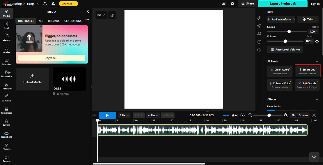 Kapwing interface with the Smart Cut option selected in the Edit section on the right.