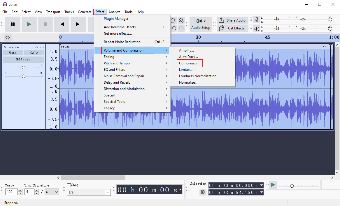 Audacity interface with the Compressor… option selected from the Effect drop down menu.
