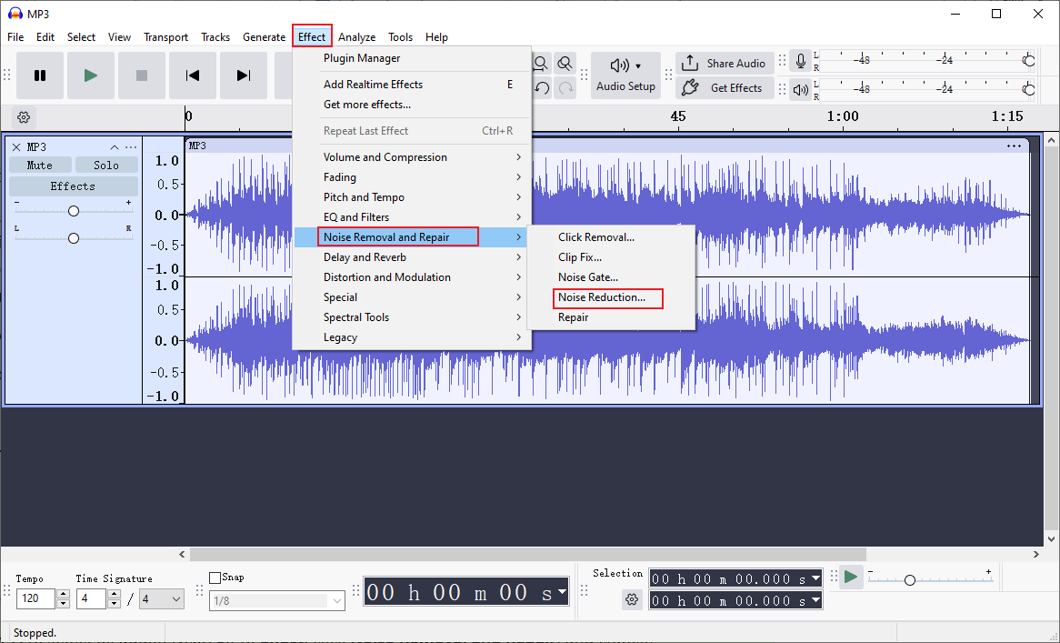 Audacity interface with the Noise Reduction… option selected from the Effect drop down list.