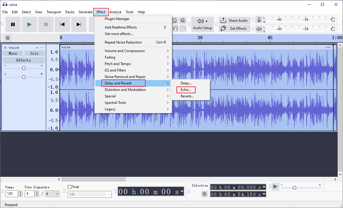 Audacity interface with the Echo… option selected from the Effect drop down menu.