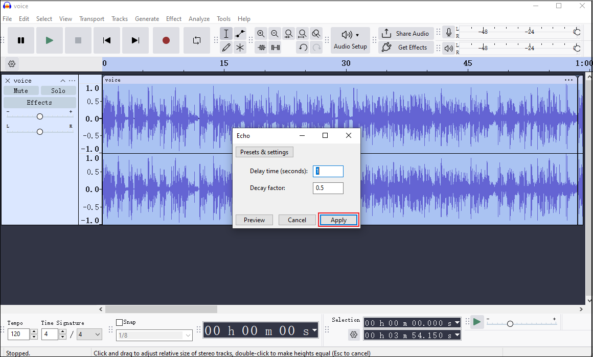 Audacity interface with the Apply button selected in the Echo window.
