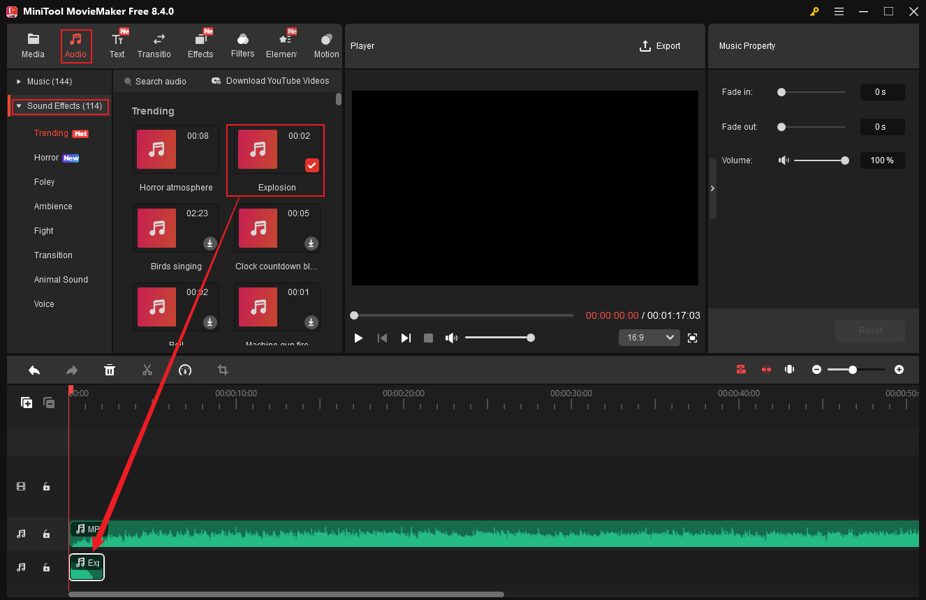 MiniTool MovieMaker interface showing adding a sound effect to audio from the Sound Effects list of the Audio section.