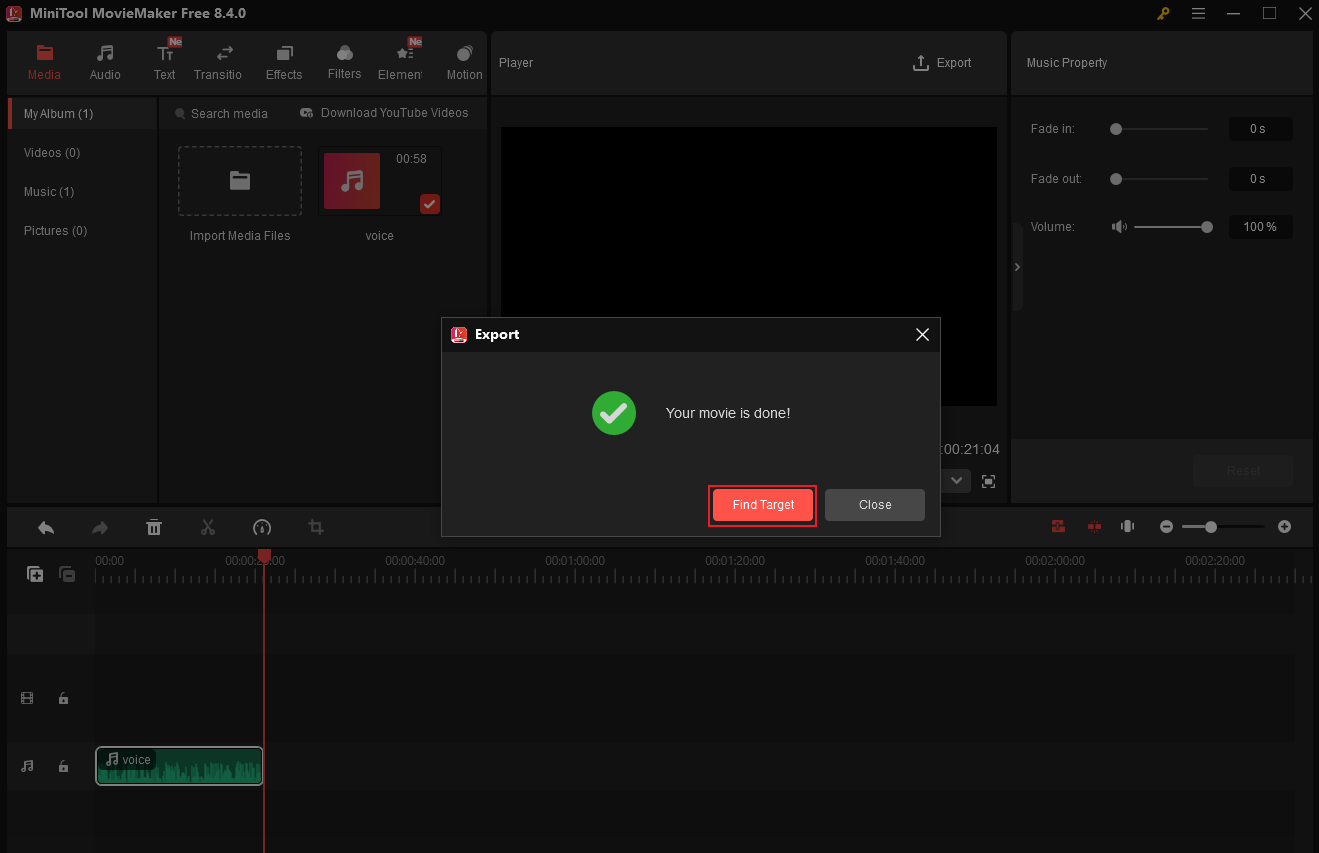 MiniTool MovieMaker interface with the Find Target option selected in the Export popup.