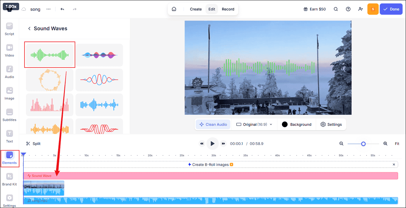 VEED.IO interface showing adding sound waves from the Elements section to the video for audio visualizing.