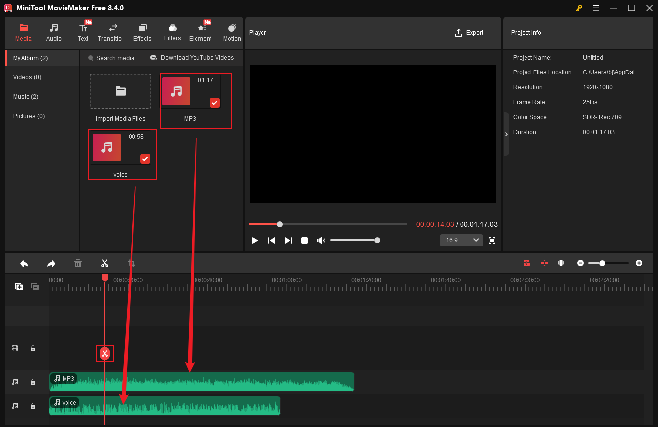 MiniTool MovieMaker interface with two audio clips dragged to the timeline and the Scissors icon selected.