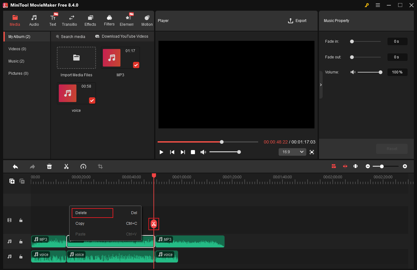 MiniTool MovieMaker interface showing how to split out unwanted parts and delete them.