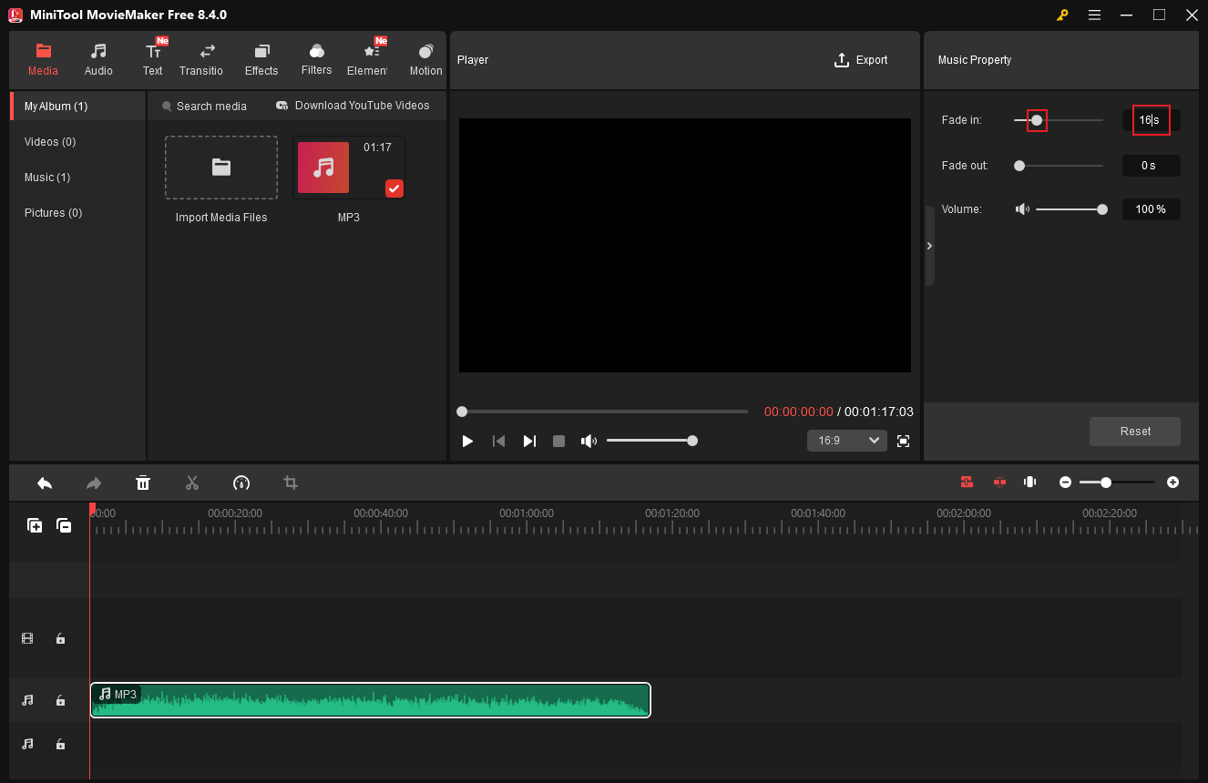 MiniTool MovieMaker interface showing how to set up fade in time in the upper right Music Property section.