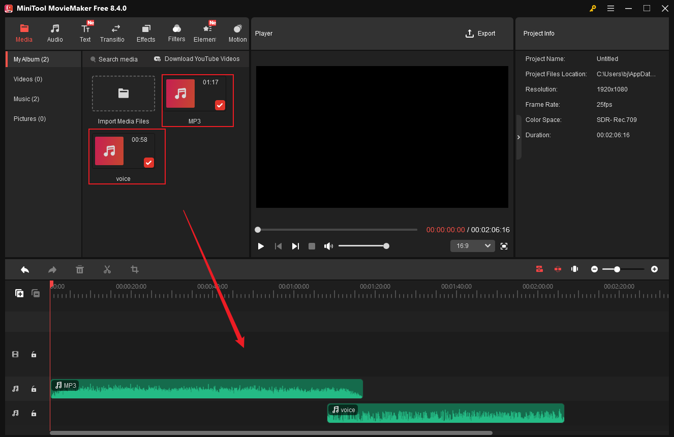 MiniTool MovieMaker interface with audio clips dragged onto each audio track and partially overlapped.