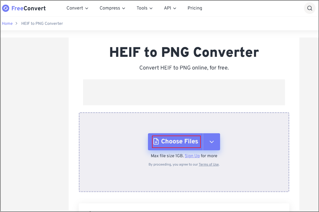 FreeConvert interface with the Choose Files button selected to upload the target image.