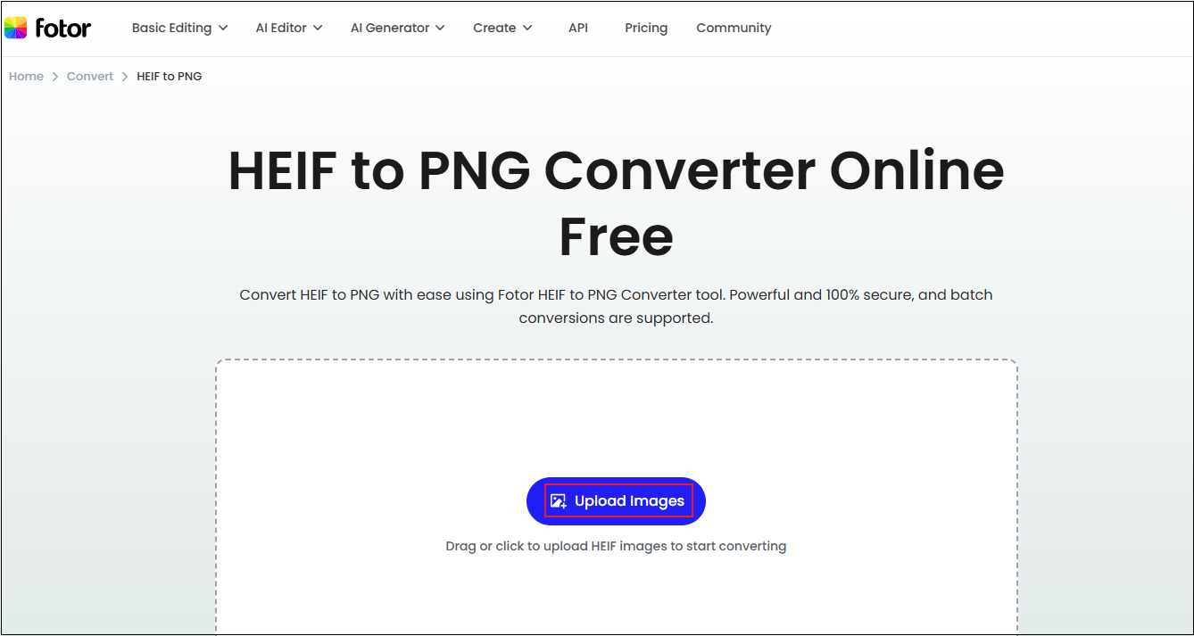 Fotor interface with the Upload Image button selected to add HEIF.