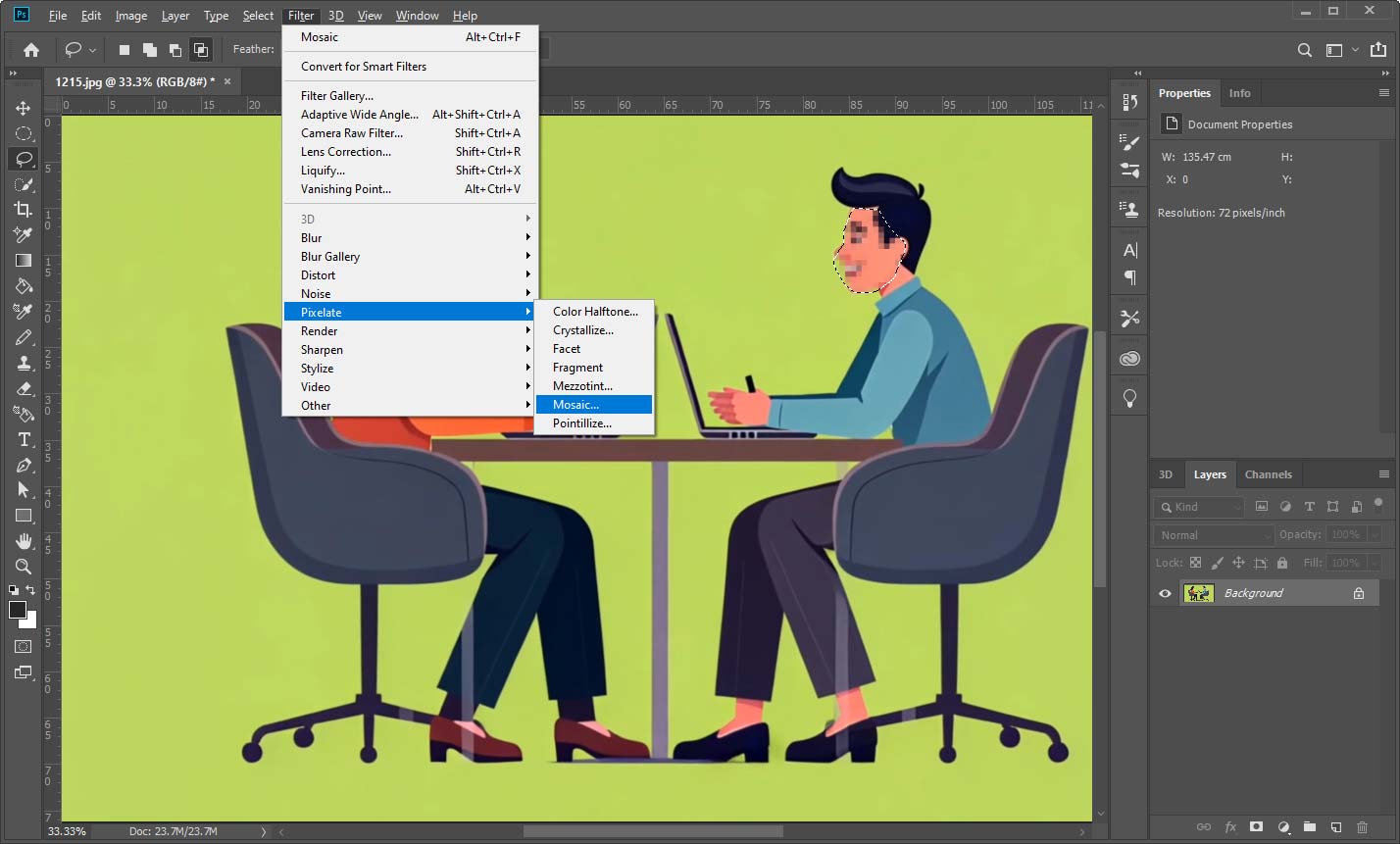 Photoshop interface showing how to add the mosaic effect to the photo.