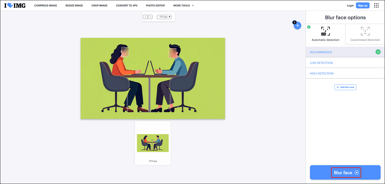 The selected Blur face button on the interface of the iLoveIMG face blurring tool.