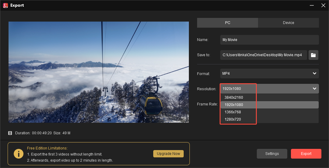 MiniTool MovieMakerの出力ウィンドウで動画の解像度を変更するスクリーンショット