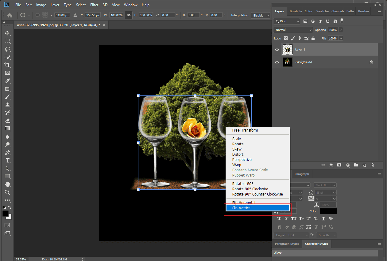 Photoshop interface with the highlighted Flip Vertical option.