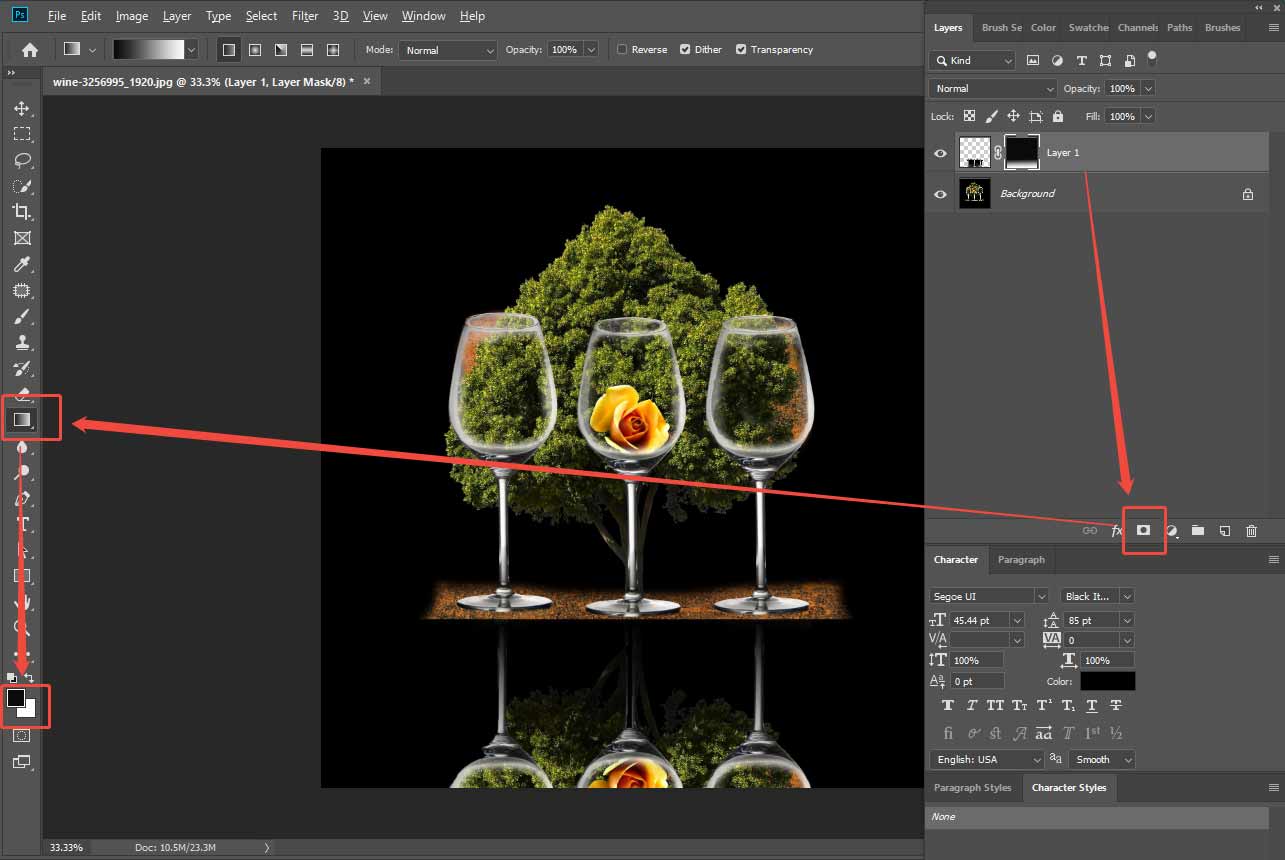 Photoshop interface showing how to add a mask and gradient effect to the layer.