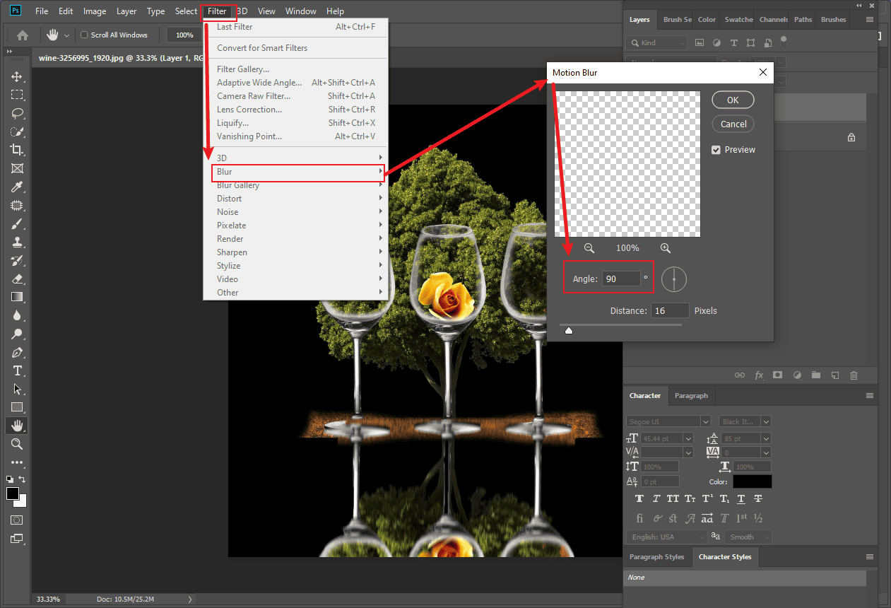 Photoshop interface showing how to add a motion blur to the layer.
