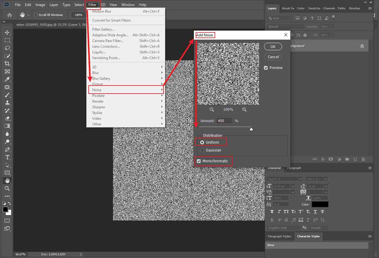 Photoshop interface showing how to add noise to the image.