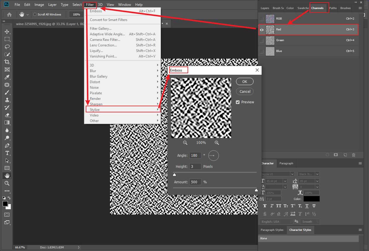 Photoshop interface showing how to add an emboss effect to the layer.