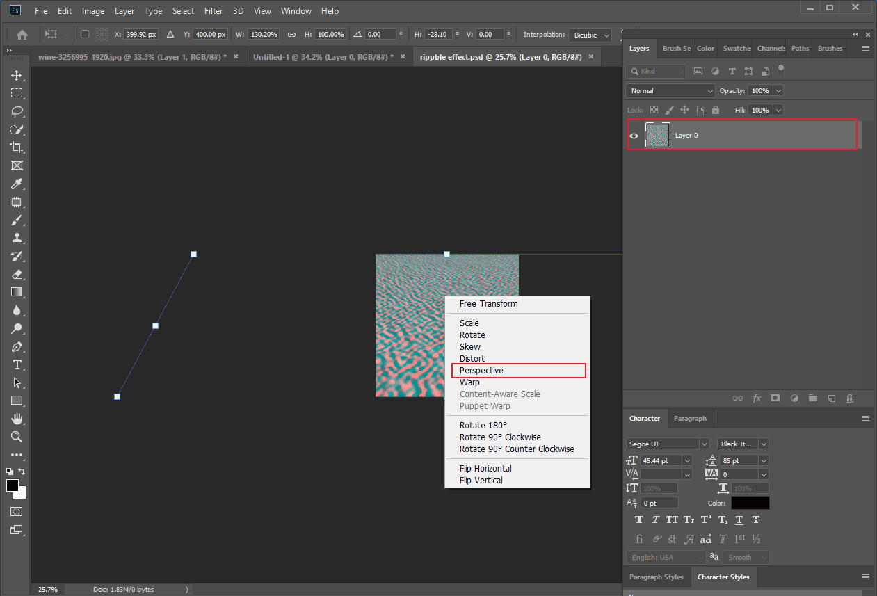 Photoshop interface with the highlighted Perspective option.