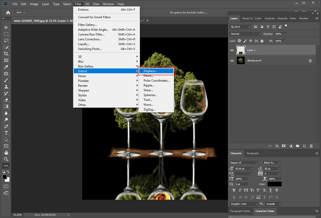 Photoshop interface with the highlighted Displace option from the Filter dropdown list.