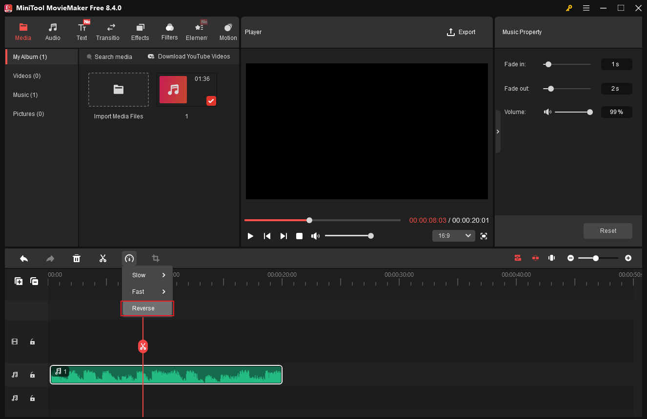 MiniTool MovieMaker interface with the Reverse selected from the Speed dropdown list.