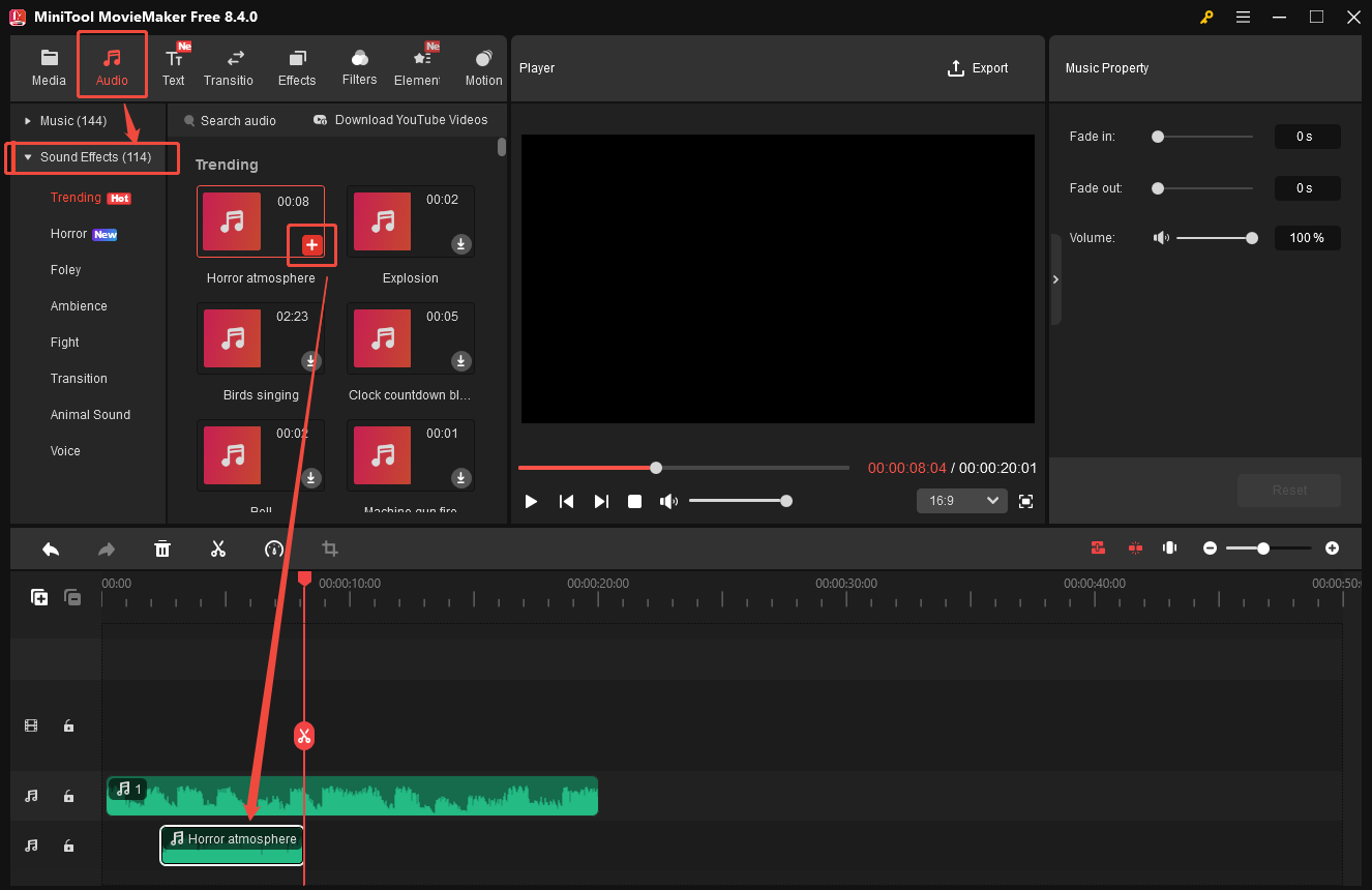 MiniTool MovieMaker interface that shows how to add sound effects to music.