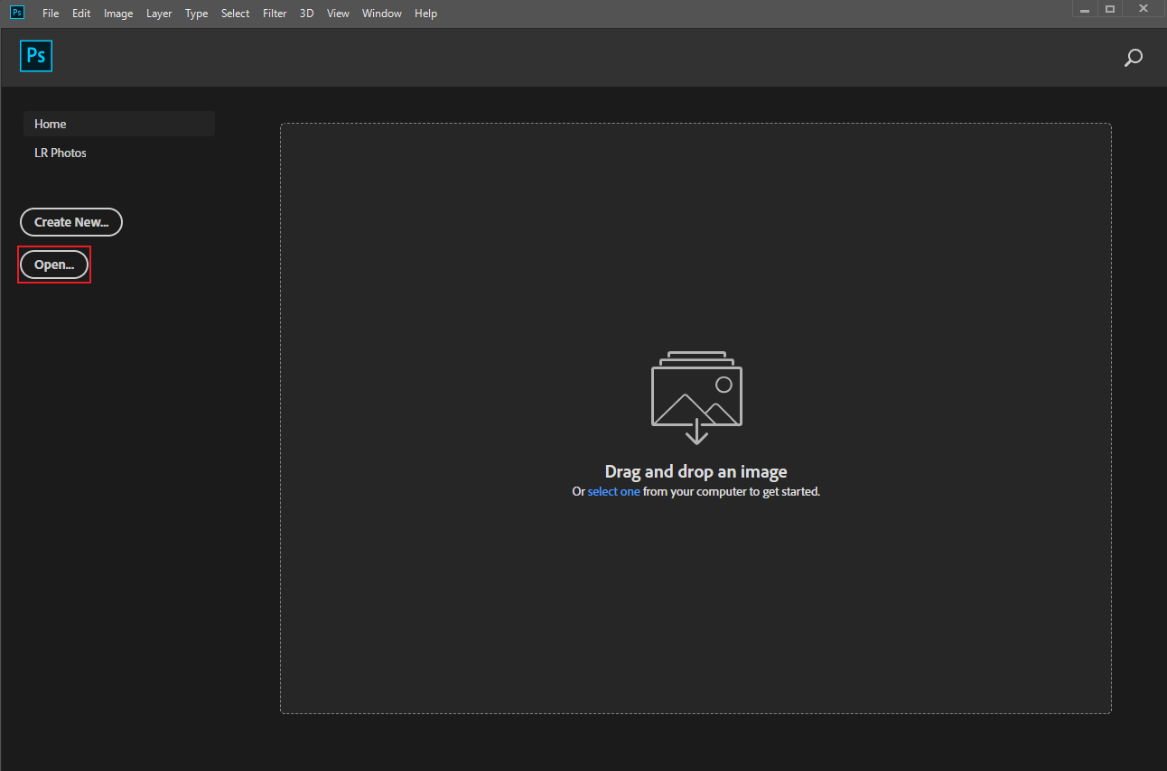 Photoshop interface with the Open… option selected.