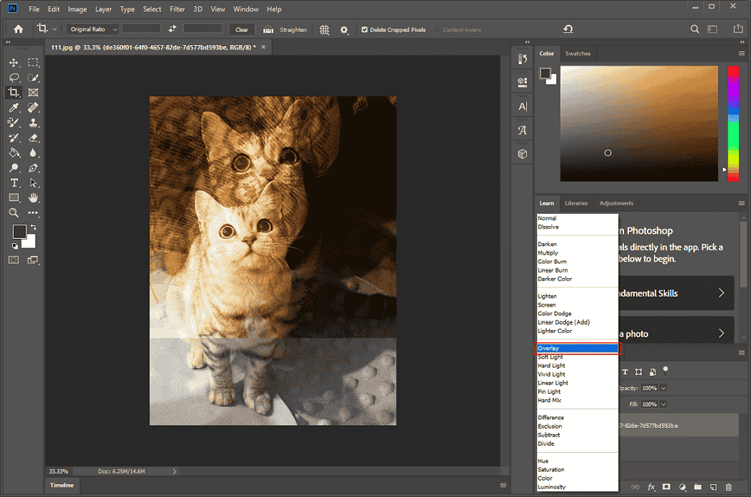 Photoshop interface with the Overlay option selected from the Blend Mode list to create a double exposure.