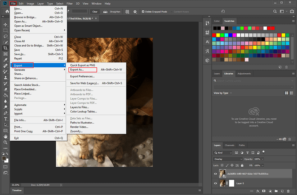 Photoshop interface with the Export As… option selected from the drop down File menu.