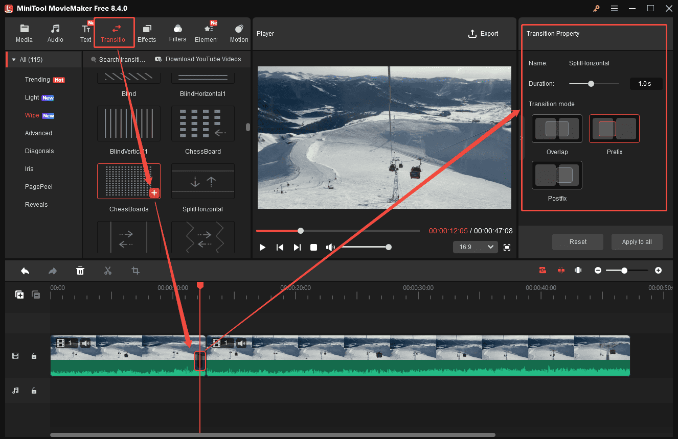 MiniTool MovieMaker interface that shows how to add transitions to your video.