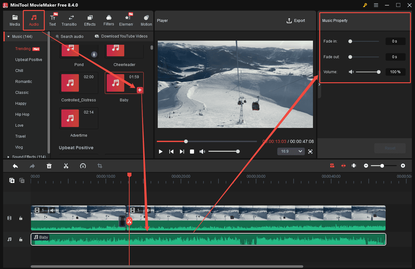 MiniTool MovieMaker interface that shows how to add music to your video.