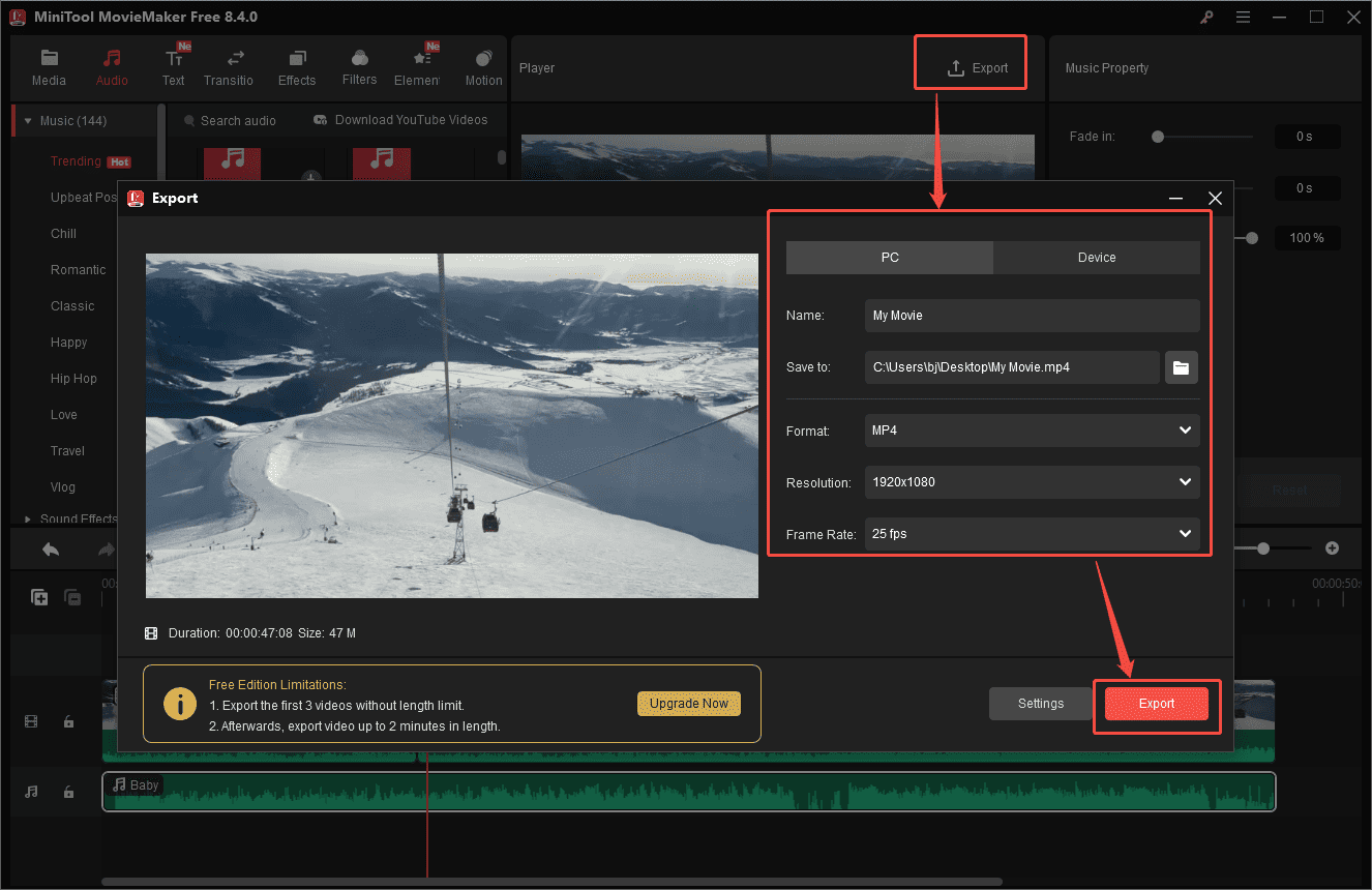 MiniTool MovieMaker interface that shows how to save the final video to your computer.